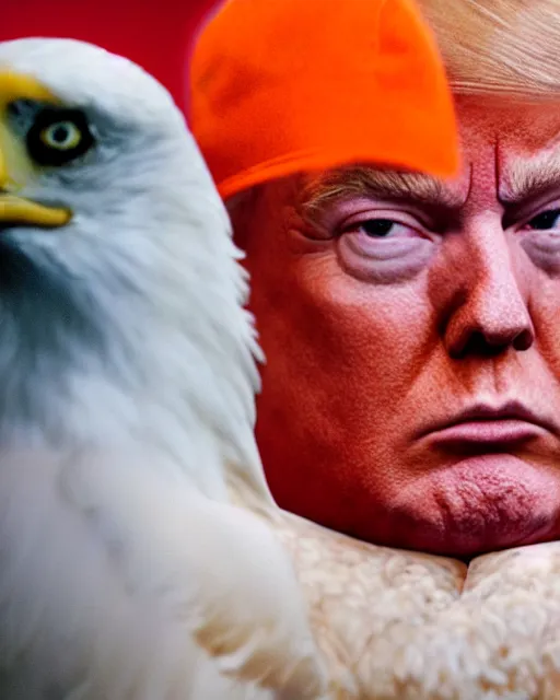 Image similar to closeup portrait of of angry donald trump wearing orange prison pajamas sitting on a bed kissing a bald eagle in a filthy prison, cinematic masterpiece, octane, dramatic lighting, editorial photo, 35mm, very detailed