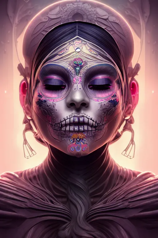 Prompt: ultra detailed female android deity, eyes closed, 8 k, flowerpunk, sci - fi, fantasy, moody, calm, ( dia de los muertos ), asymmetrical, concept art, art by artgerm and giger and michael welan and alphonse mucha and loish and wlop