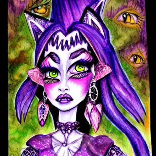 Image similar to josephine wall watercolor drawing of a monster high universe clawdeen wolf fullmoon