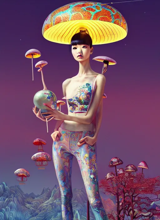 Image similar to pretty chinese model with futuristic mushroom : : by martine johanna and simon stalenhag and chie yoshii and casey weldon and wlop : : ornate, dynamic, particulate, rich colors, intricate, elegant, highly detailed, vogue, harper's bazaar art, fashion magazine, smooth, sharp focus, 8 k, octane render,