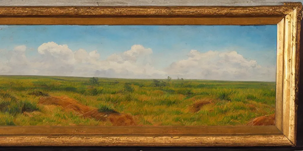 Image similar to an eastern front battlefield landscape, summertime, shell craters, distant smoke column on the horizon, oil painting in the style of peredvizhniki