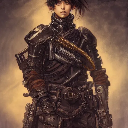 Prompt: portrait of a man by ayami kojima, japanese, he is about 2 0 years old, black short hair with bangs, he is wearing a steampunk tactical gear, highly detailed portrait, digital painting, artstation, concept art, smooth, sharp foccus ilustration, artstation hq