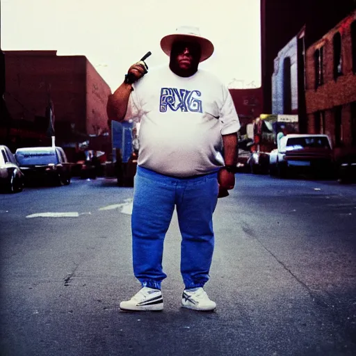 Image similar to 1985 the Bronx in New York. A photographic portrait of a fat tough rapper wearing a white jogging and white Adidas sneakers and a lot of gold necklace and a white sun hat and holding a gun and a getthoblast. Gang vibes. Kodachrome. High quality press photography. A bit out of focus. 120mm. Washed out colors. Picture taken in the street of the Bronx. Summer day