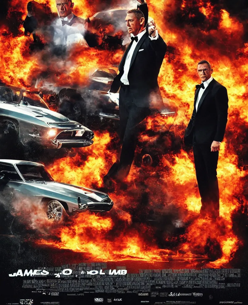 Image similar to James Bond explosions and cars in the background, Movie Poster by Drew Sturzan