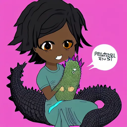 Image similar to Dark skinned girl pets Chibi Godzilla, digital art