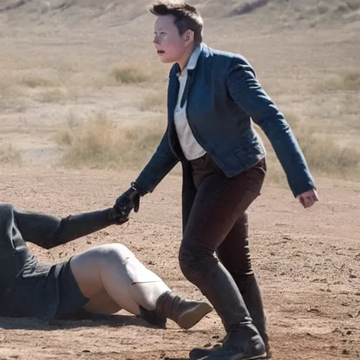 Image similar to Elon Musk standing over Delores from Westworld being created