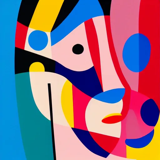 Image similar to close up portrait of a person speaking on the phone, abstract painting in the style of Sophie Taeuber-Arp and Gary Hume and Tatsuro Kiuchi, flat colour-block style, geometric abstraction, dark colours