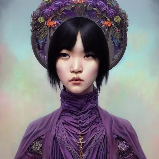 Prompt: photorealistic soft paint of absurdities and curiosities, very beautiful dollpunk asian female full long dress, ultra deep fog, purple black lustrous thin haircut, partial symmetry accurate features, focus, very intricate ultrafine details, award winning masterpiece, tom bagshaw ross tran