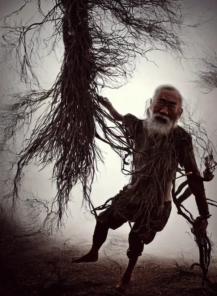 Image similar to full body shot of old asian man with long beard, hanging from a tree, his head upside down, covered in roots, bright multiple glowing eyes, holding a large carved wooden dark fractal stick, hanging upside down, head upside down, thick smoke around him, in the burning soil desert, cinematic shot, wide angle, dark desert background, volumetric lighting by Denis Villeneuve, Lubezki, Gaspar Noe, Christopher Doyle and Alejandro Jodorowsky, anamorphic lens, anamorphic lens flares, kodakchrome, cinematic composition, practical effects, award winning photo, 8k