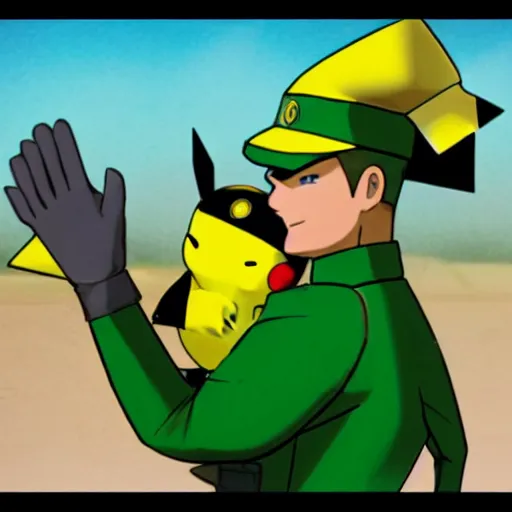 Image similar to A photorealistic green tin soldier from Team Fortress 2 saluting to Ash's Pikachu. Pikachu is drawn in an anime style and its head is replaced with the Heavy's head from Team Fortress 2. Pikachu is also happily saluting back at the tin soldier