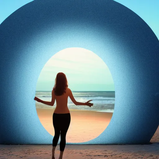 Prompt: a woman facing a oval blue energy portal on the street, which shows a beach at sunset