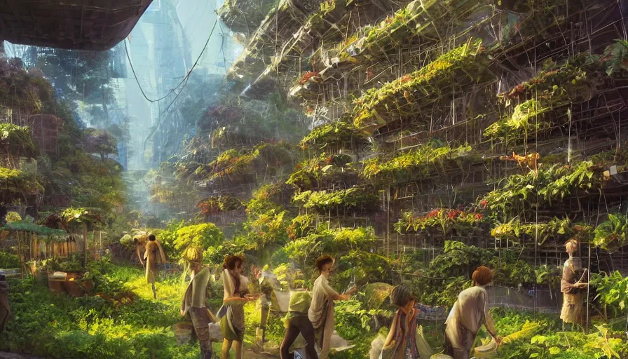 Prompt: craig mullins and ghibli digital illustration of solarpunk vertical farms, fields of crops and hydroponics under a force field, colorful, unreal engine, hyper realism, realistic shading, cinematic composition, realistic render, octane render, detailed textures, photorealistic, wide shot