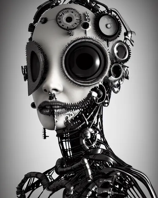 Image similar to black and white dreamy foggy smoky profile face portrait, one silver steampunk eye biomechanical beautiful young female cyclope - cyborg - robot bust, body ribs meshes,, volumetric light, hibiscus flowers, by hg giger, rim light, by dora maar and cecile beaton, big gothic fashion pearl embroidered collar, 8 k