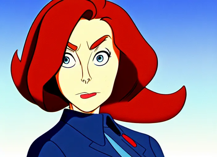 Prompt: a shaded animation cel of dana scully, sharp detail, realistic anatomy, in the style of western cartoons, by don bluth, filmation, toei animation, studio trigger, studio ghibli, 5 k, artstation trending