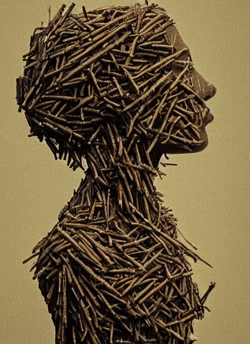 Image similar to a woman's face in profile, made of twigs, in the style of the dutch masters and gregory crewdson, dark and moody