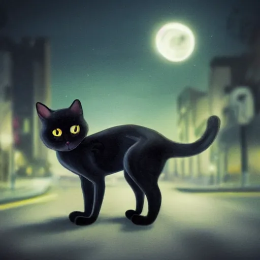 Prompt: the most beautiful black cat ever seen with big eyes in the middle of the street at mid night with the moon in the sky. Photo taken by Amber Bracken. Award winning. Unreal 5. Realistic. Highly detailed. Artstation. Professional photographer.