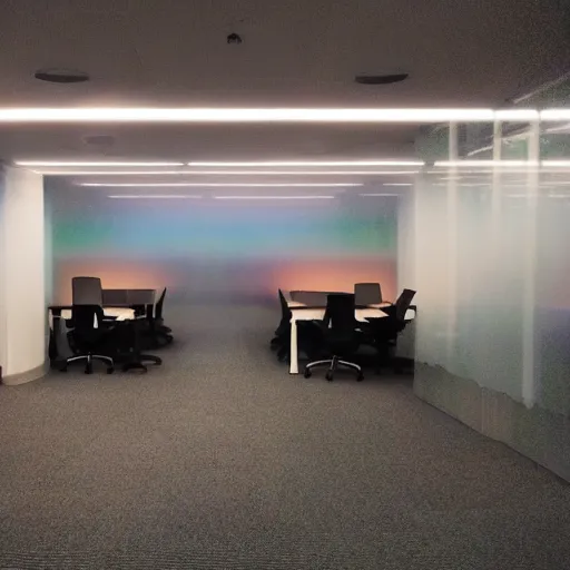 Prompt: Liminal office space, colored lights, fog, scary