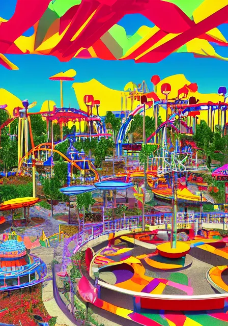 Prompt: a colorful primitive 3D render of an amusement park, Primitive 90s CGI render, 1994, softimage 3D, bryce 3D, infini-D, surreal, retro 70s scanned magazine ad