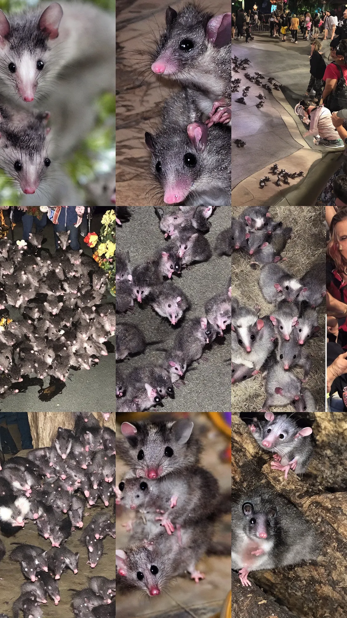 Prompt: hundreds of opossums invading disneyland, guests running away in terror, photo