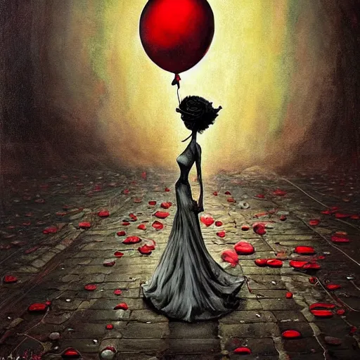 Image similar to grunge painting of beyond the void with a wide smile and a red balloon by chris leib, loony toons style, pennywise style, corpse bride style, horror theme, detailed, elegant, intricate, conceptual, volumetric light