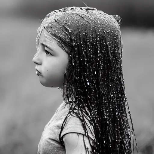 Prompt: a young girl with wet hair staring into the distance