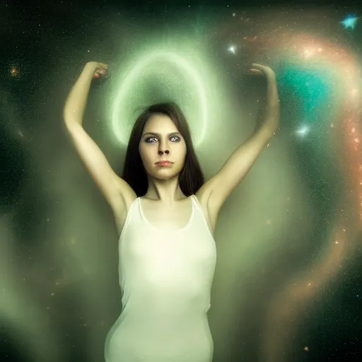 Prompt: a women with half of it's body turning into a cosmic dust, space, award winning photography, hdr, studio lighting medium close shot,