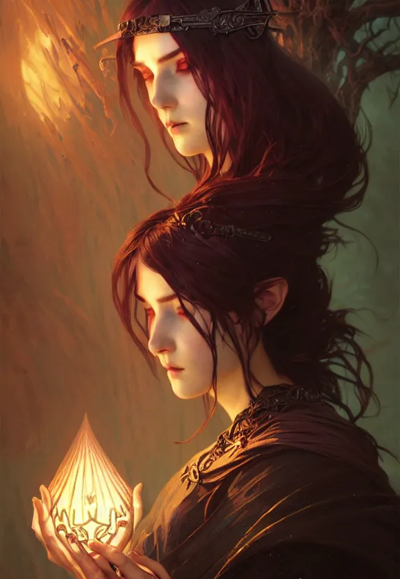 Image similar to Necromancer Sorceress in center, fantasy magic, undercut hairstyle, dark light night, intricate, elegant, sharp focus, illustration, highly detailed, digital painting, concept art, matte, art by WLOP and Artgerm and Greg Rutkowski and Alphonse Mucha, masterpiece