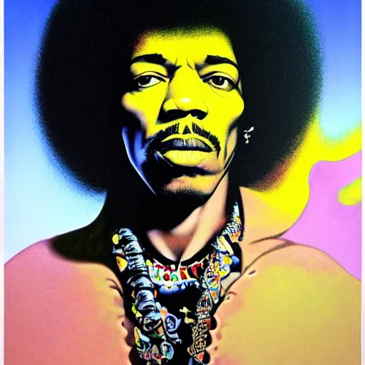 Prompt: colour portrait masterpiece photography of jimi hendrix full body shot by annie leibovitz, ultrawide angle, moebius, josh kirby, weird epic complex biomorphic 3 d fractal scifi landscape in background by roger dean and syd mead and killian eng and james jean and giger and beksinski, greg hildebrandt, 8 k