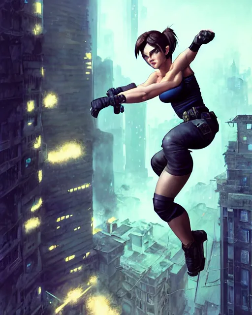 Image similar to gigachad jill valentine bodybuilder jumping from a building fighting in racoon city, fantasy character portrait, ultra realistic, anime key visual, full body concept art, intricate details, highly detailed by greg rutkowski, ilya kuvshinov, gaston bussiere, craig mullins, simon bisley