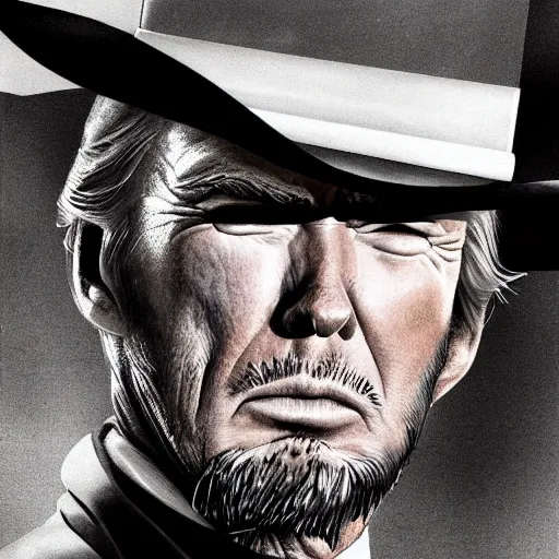 Image similar to donald trump as clint eastwood squinting at high noon in the style of a clint eastwood movie, the good, the bad and the ugly, clint eastwood, steven seagal, bud spencer, donald trump, glory days, american flag, patriotism, apple pie, black and white, artgerm, trending on artstation