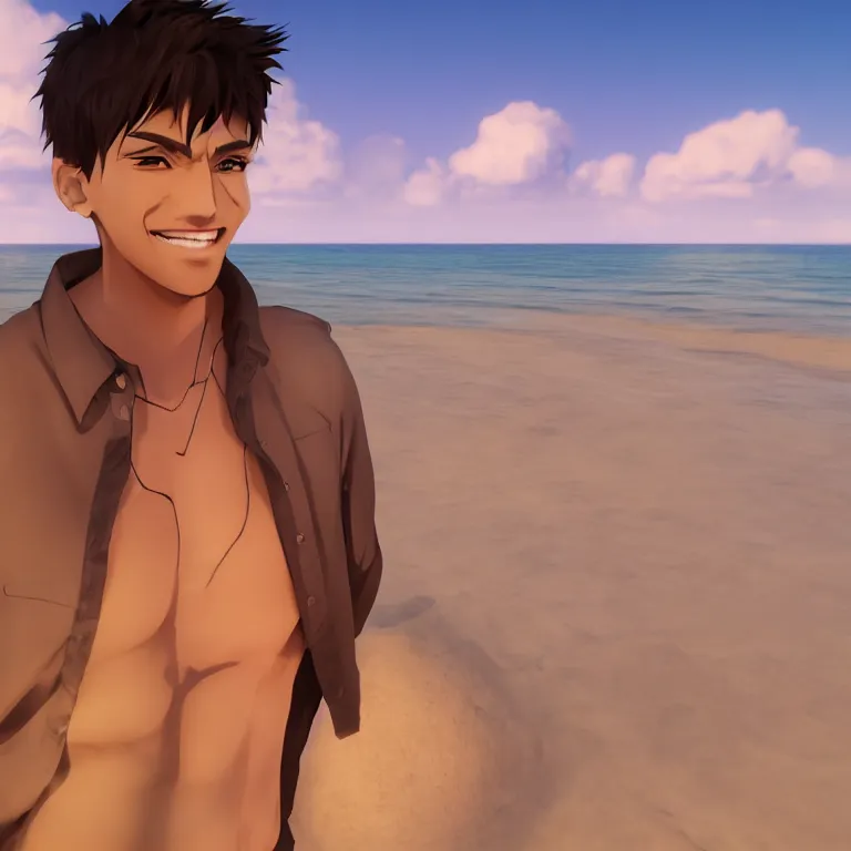 Prompt: Render of a very handsome 3d anime-style man, short hair, brown eyes, round face, cute smile, 5 o-clock shadow, open shirt, hairy chest, golden hour, serene beach setting, medium shot, mid-shot, highly detailed, trending on Artstation, Unreal Engine 4k