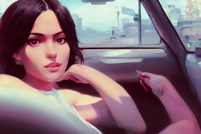 Image similar to A ultradetailed beautiful portrait panting of a stylish woman sitting in the backseat of a car, Oil painting, by Ilya Kuvshinov, Greg Rutkowski and Makoto Shinkai