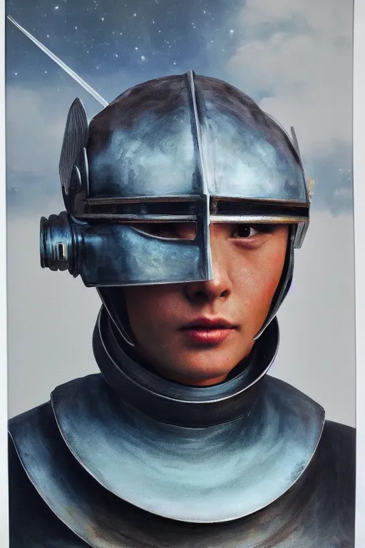 Image similar to hyperrealism oil painting, close-up portrait of medieval fashion model, knight, steel gradient mixed with nebula sky, in style of baroque mixed with 70s japan book art