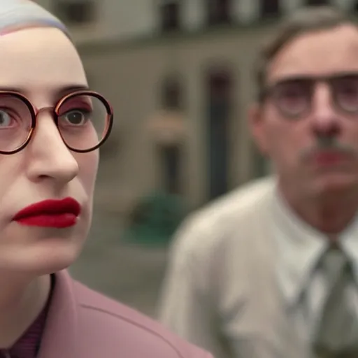 Prompt: cinematic mid shot of a woman's face with round glasses in a pastel 3 d minimalist, street scene with water tower, by jeffrey smart and gregory crewdson and edward hopper, grand budapest hotel