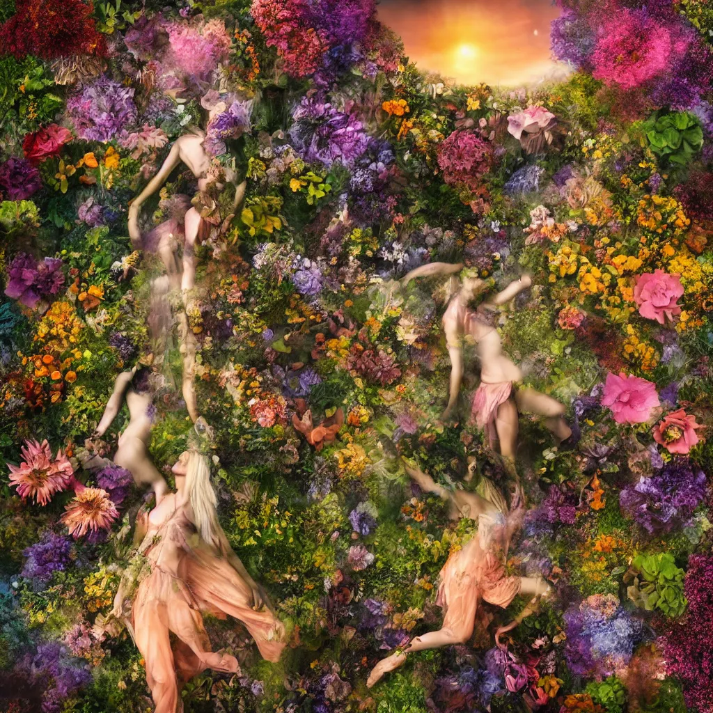 Image similar to a planet of various flowers, fungus and plants, in which the human figure is dressed in something magical and impressive, inside the picture is infinity, sunset light, Atmospheric phenomenon, artistic photography, muted colors, conceptual, long exposure outside the city