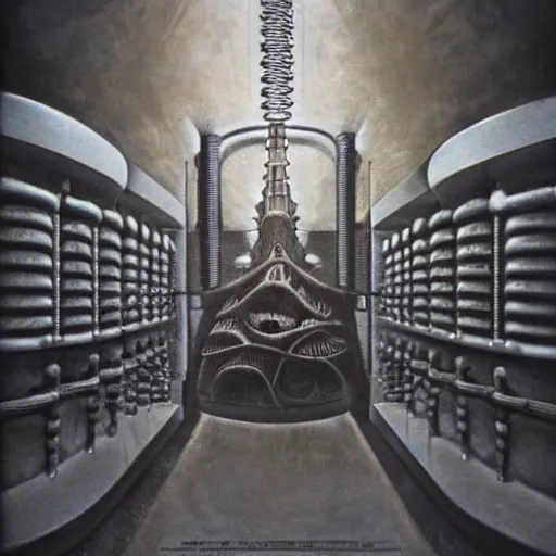 Image similar to h r giger, a large biomechanical room, a funnel leading down, moody lighting, dark atmosphere