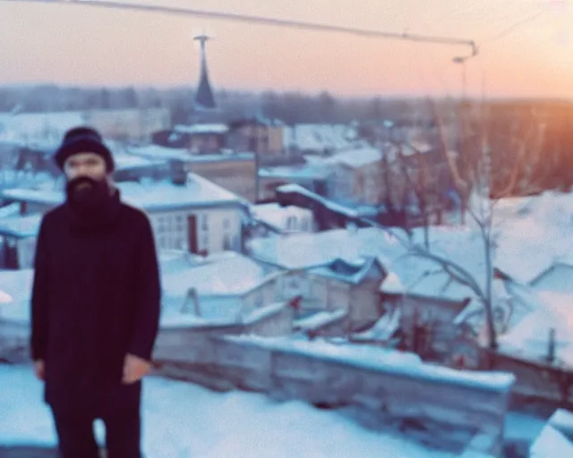 Image similar to lomographic tarkovsky film still of 4 0 years russian man with beard and sweater standing on small hrushevka 9 th floor balcony in taiga looking at sunset, cinestill, bokeh