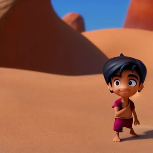 Image similar to a profile view of young aladdin as nendoroid walking in a desert in the croods movie style, 8 k, hd, dof, kodak film, volumetric lighting, subsurface scattering, photorealistic, octane render