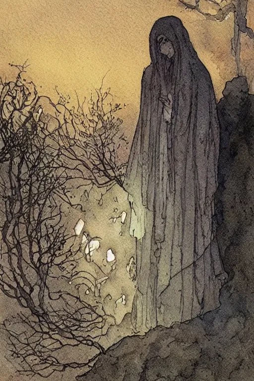 Prompt: a simple and atmospheric watercolour portrait of a ghost in a graveyard on halloween night, very muted colors, by rebecca guay, michael kaluta, charles vess and jean moebius giraud