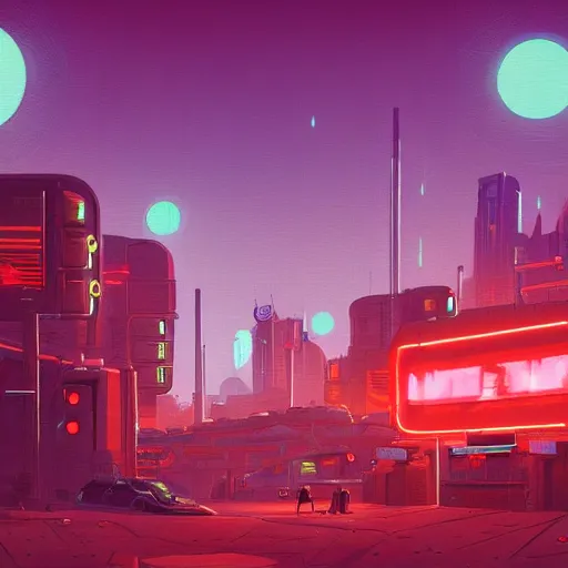 Prompt: afternoon futuristic cityscape in mars, high detail, sharp, neon lights, long shot, sci-fi digital painting by Simon Stålenhag,