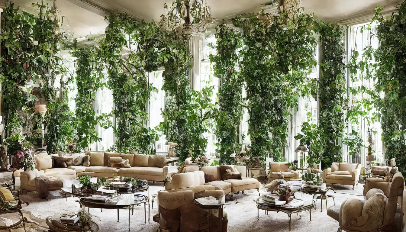 Prompt: luxury living room filled with plants and trees, photo by architectural digest