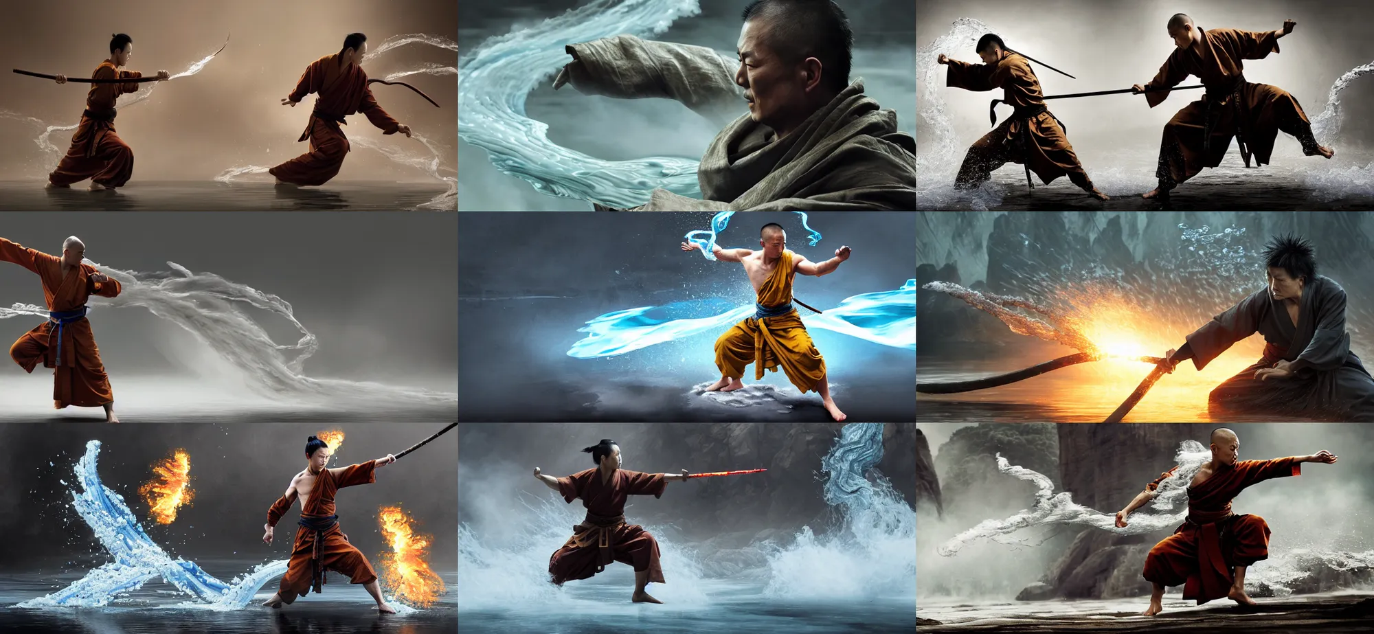 Prompt: Epic action scene, Concept art of a waterbender monk, streams of water flow from his movement, surrounded by cinematic smoke, full body wuxia, choreographed shaolin martial arts by Akihito Yoshitomi AND Yoji Shinkawa AND Greg Rutkowski, Mark Arian trending on artstation, 4k, shot on Kodak Vision 200T, 8k, composition, beautiful lighting