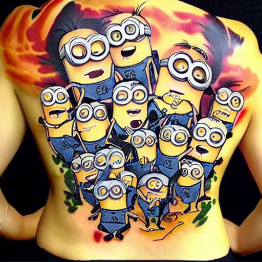 Image similar to tattoo of army of cute minions on female lower back, epic, colorful, beautiful, intricate detail