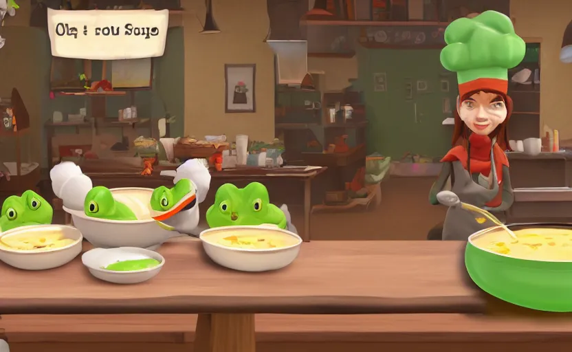 Image similar to ps 5 game about a cute frog chef making soup in oregon, unity screenshot,