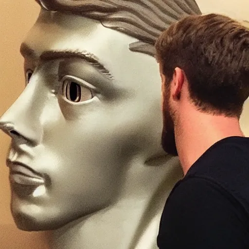 Image similar to “ a realistic detailed photo of a guy who is an attractive humanoid who is half robot and half humanoid, who is a male android, actor liam hemsworth, shiny skin, posing like a statue, blank stare, at the museum, on display ”