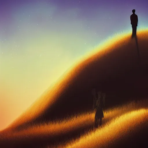 Prompt: silhouettes standing on a hill. beautiful gradients. Trending on artstation, behance.