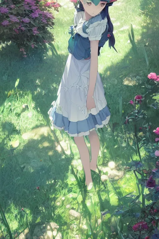 Image similar to a depressed digital art, loli in dress, garden, green and warm theme, blue accents, back lighting, highly detailed, 4 k resolution, trending on art station, by krenz cushart and mucha and akihito yoshida and greg rutkowski and makoto shinkai