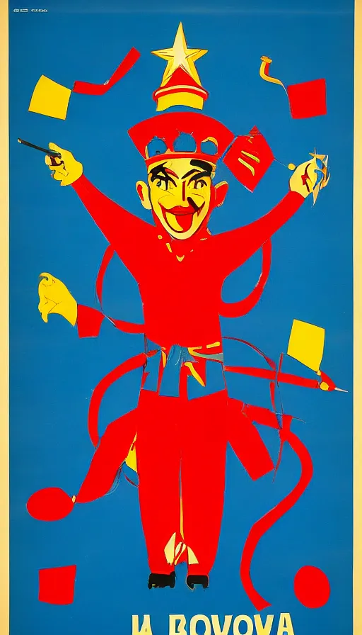 Image similar to a propaganda poster of king clown, soviet - era, 1 9 6 0 s, color palette, cold war, colors