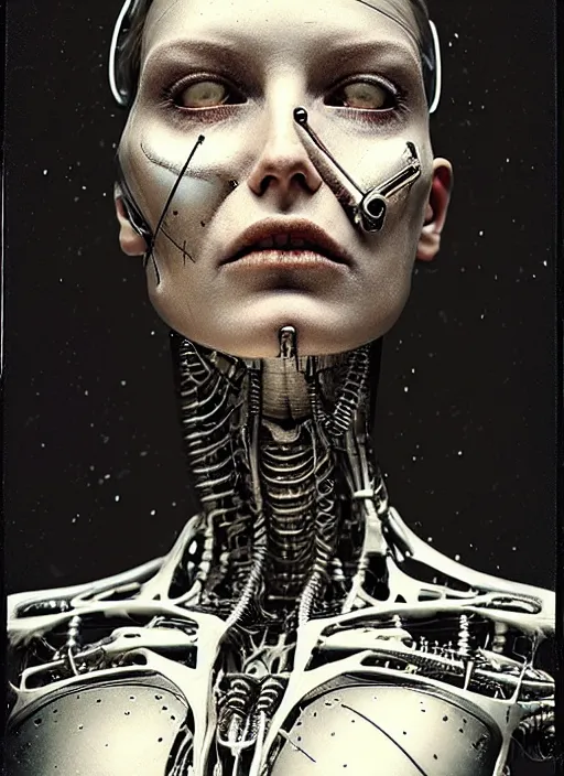 Image similar to a female cyborg profile face, by h. r. giger, by ismail inceoglu, by kiki smith, glamor shot, ambrotype, closeup, f / 2. 8, low contrast, 1 6 k, rim lighting, cinematic lighting, insanely detailed and intricate, hypermaximalist, elegant, ornate, hyper realistic, super detailed