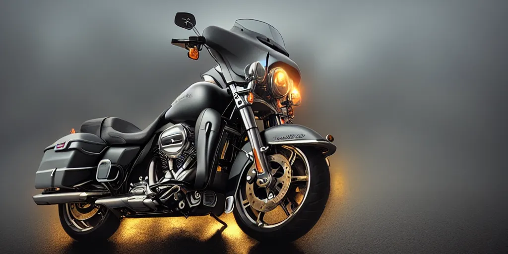 Prompt: Harley Davidson , fog, rain, volumetric lighting, beautiful, golden hour, sharp focus, ultra detailed, cgsociety